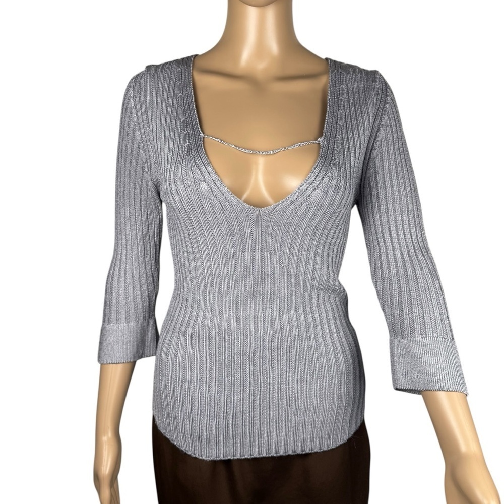 NWT New $128 Free People Ribbed V-Neck 3/4 Sleeve Silver Top Size M